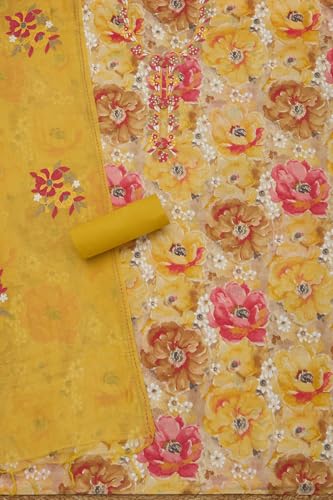 Soch Womens Yellow Jam Cotton Floral Print Unstitch Dress Material With Thread Work