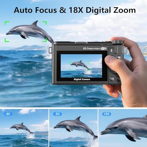 CAMKORY 8K Digital Camera, 88MP Vlogging Camera for YouTube/Photography with 3" 180° Flip Screen, Fill Light, WiFi, Filters, Beauty Features Includes 32GB SD Card & 2 Batteries, Matte Black