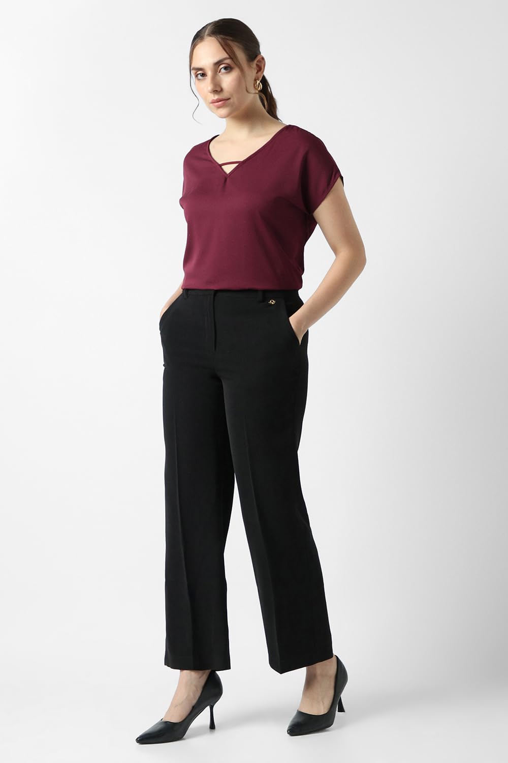 Women Maroon Solid Formal V Neck Top