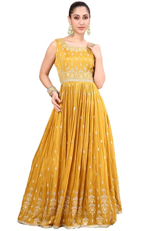 Soch Womens Mustard Zari Embroidery Chinon Ethnic Gown With Cutdana & Beads