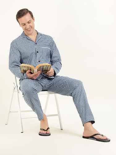 Hancock Men Cotton Checked Relaxed Fit Night Suit Blue Size S