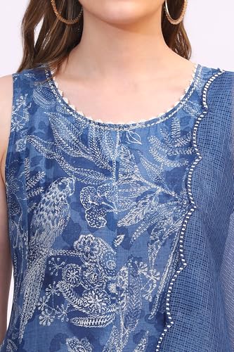 W for Woman Ink Blue Floral Printed Sleeveless Pure Cotton Anarkali Kurta, Pants and Dupatta Set (Size:3XL)-WS11579