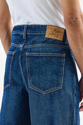 SNITCH Men Jeans Solid Blue Casual Wear | Loose Fit, Turned-Up Cuffs, Classic Blue Wash | 100% Cotton, Mid Rise, Relaxed Thigh, Wide-Leg, Five Pockets, Machine Wash
