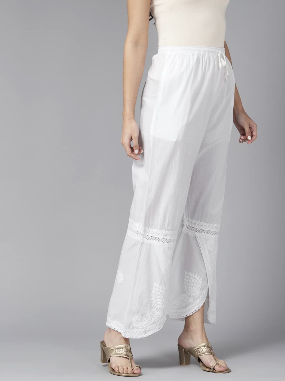 Ada Lucknow Chikankari Hand Embroidered White Cotton Palazzo Pant for Women A711163 (L)