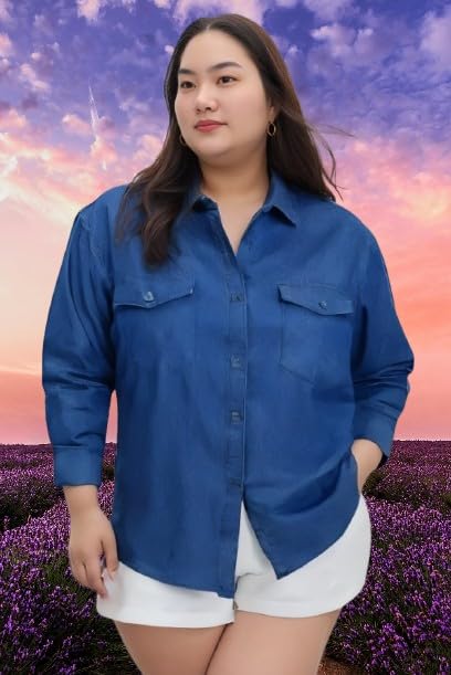 Women's Blue Button-Down Shirt, Long Sleeve, Chest Pockets, Plus Size Shirt for Women & Girls (in, Alpha, XL)