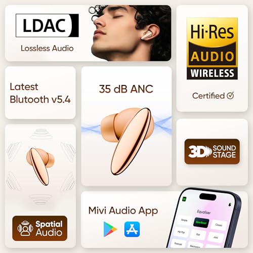 Mivi Opera ANC [Flagship Launch], True Wireless Earbuds with 35dB ANC, Hi-Res Audio, LDAC, 3D Soundstage, 60H Playtime, Spatial Audio, Transparency Mode, 13mm Drivers