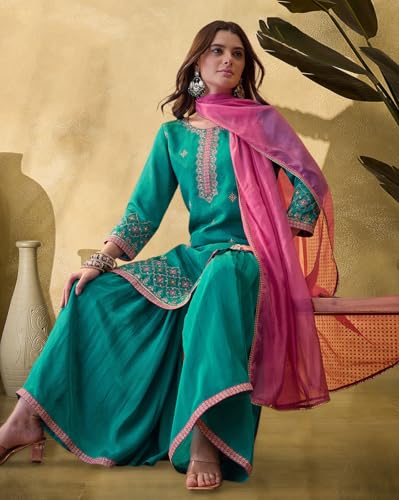 SheWill Firoji Poly Chinon Zari Sequence Thread Embroidered Kurta With Sharara And Dupatta (SHEKS10335_ANANT_A)