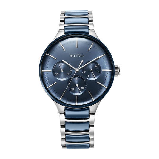 Titan Ceramic Fusion Quartz Multifunction Midnight Blue Dial Two Toned Silver and Metallic Blue Stainless Steel Bracelet Watch for Men - NT90148KD02