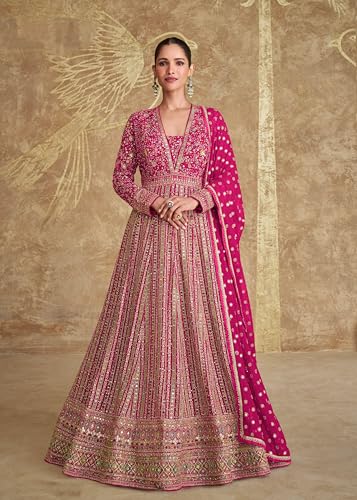 Miss Ethnik Women's Pink Chinon Stitched Gown With Dupatta Full Sleeve Embroidered Anarkali Gown (ME-1275-Pink-XXL)