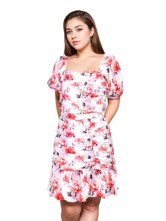 Zink London Women's White & Red Floral Prints Slim Fit Knee-Length Dress