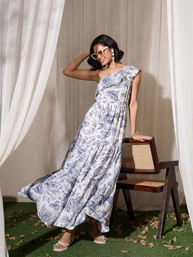 barcino Blue Floral Print One Shoulder Maxi Dress