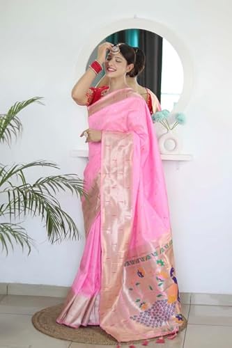Panzora Woman's Pure Banarasi Paithani Silk Saree With Brocket Blouse Piece