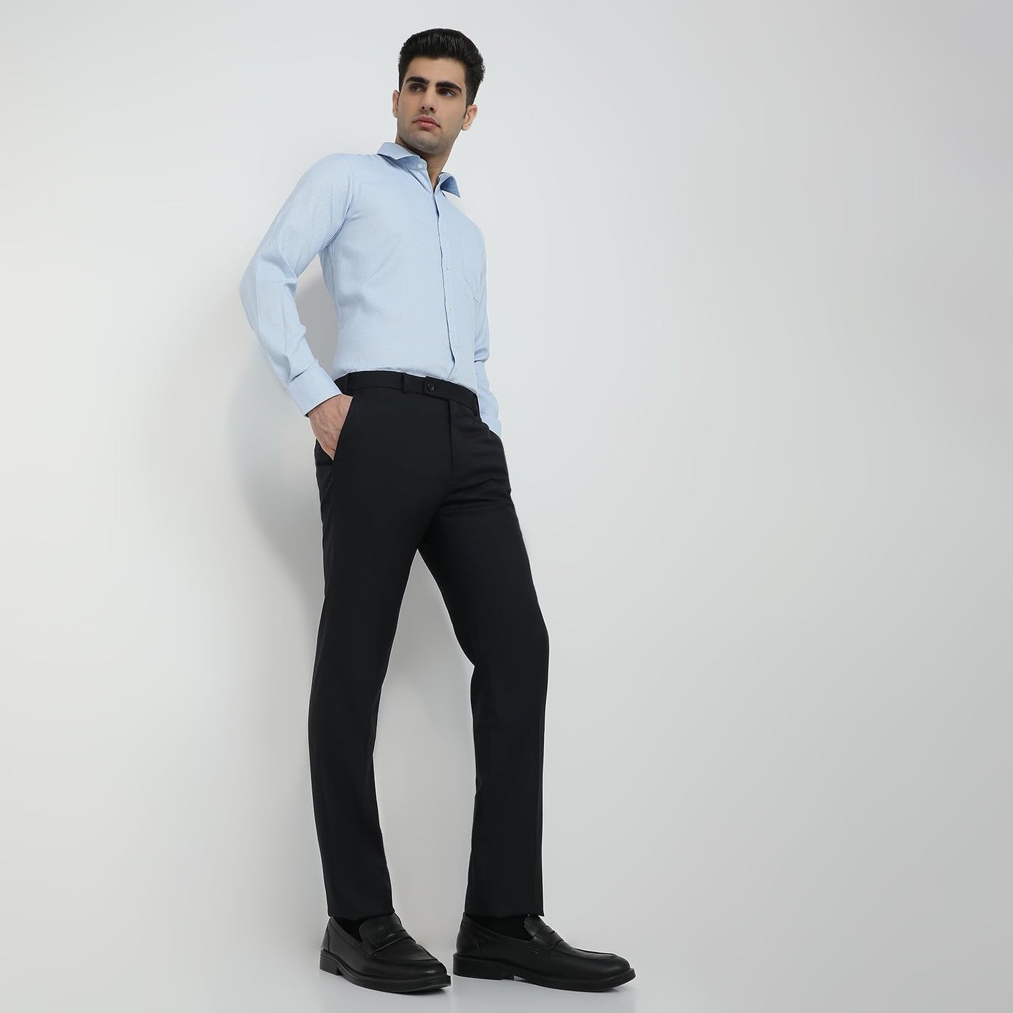 Raymond Men Slim Fit Solid Pattern Poly Viscose Blend Flat Front Formal Trouser Blue