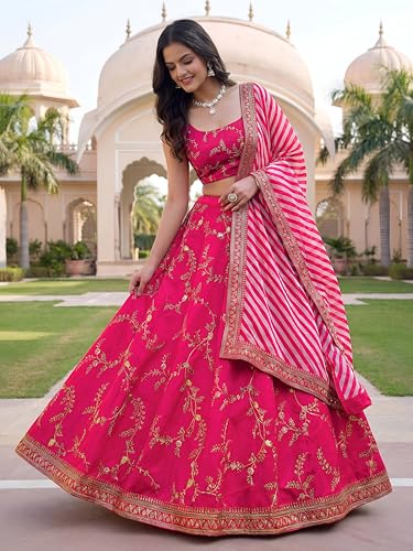 Zeel Clothing Women's Sequins Thread Embroidered Silk Lehenga Choli With Dupatta (7025-Pink-Women-Lehenga-Choli-Set, Free size)
