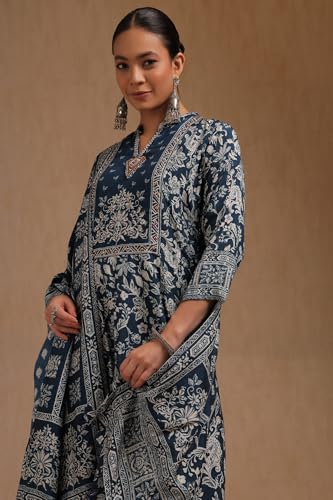 Soch Womens Indigo Dola Silk Floral Print Suit Set With Beads