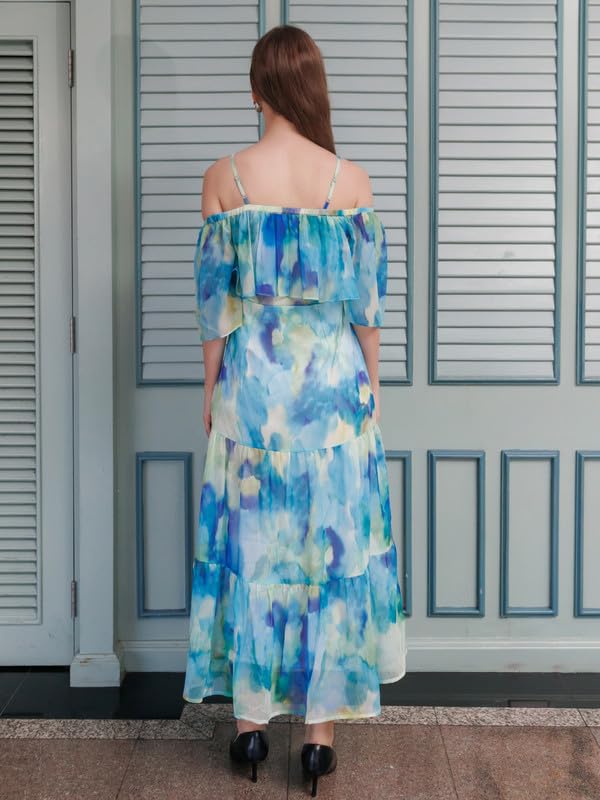 Zink London Women's Blue Abstract Flared Maxi Dress