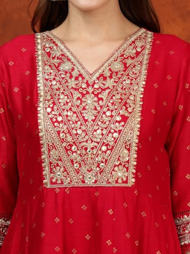 NIVANA Embroidered Anarkali Kurta with Pant & Bandhni Printed Dupatta | XXL | Hot Pink | V-Neck | 3/4 Sleeves
