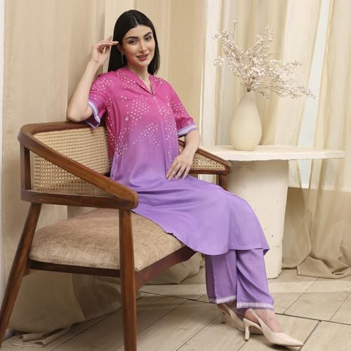 BIBA Women Lilac and Pink Printed Straight Co-ord Set_46