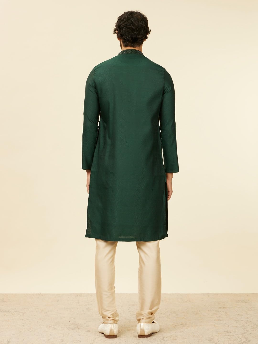 Manyavar Dark Green Blended Viscose Jacquard|Self Texture Kurta Pyjama Set for Men