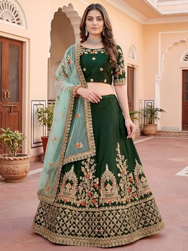 Zeel Clothing Women's Zari, Dori, and Thread Embroidered Work Satin Silk Lehenga Choli With Dupatta (7211-Green-Women-Lehenga-Choli-Latest; Free size)