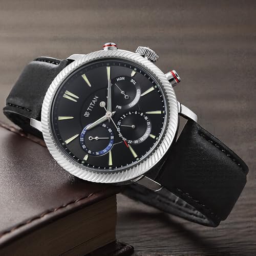 Titan Stellar Quartz Multifunction Black Dial Black Leather Strap Watch for Men - NT10012SL01