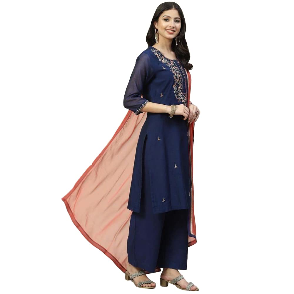 BIBA Polycotton Women Embroidery Narrow Salwar Kurta Dupatta(Skdassorted8339_Navy Blue_42)