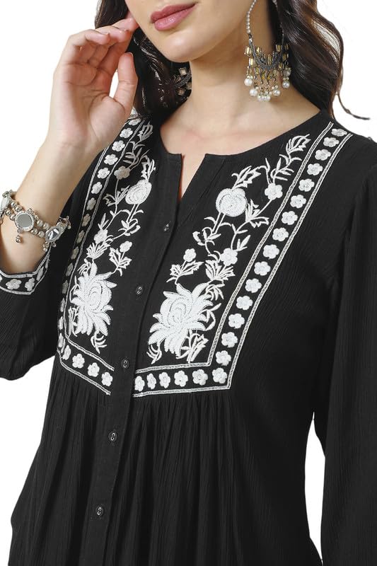 Soch Womens Black Rayon Crepe Embroidered Tunic with Thread Work
