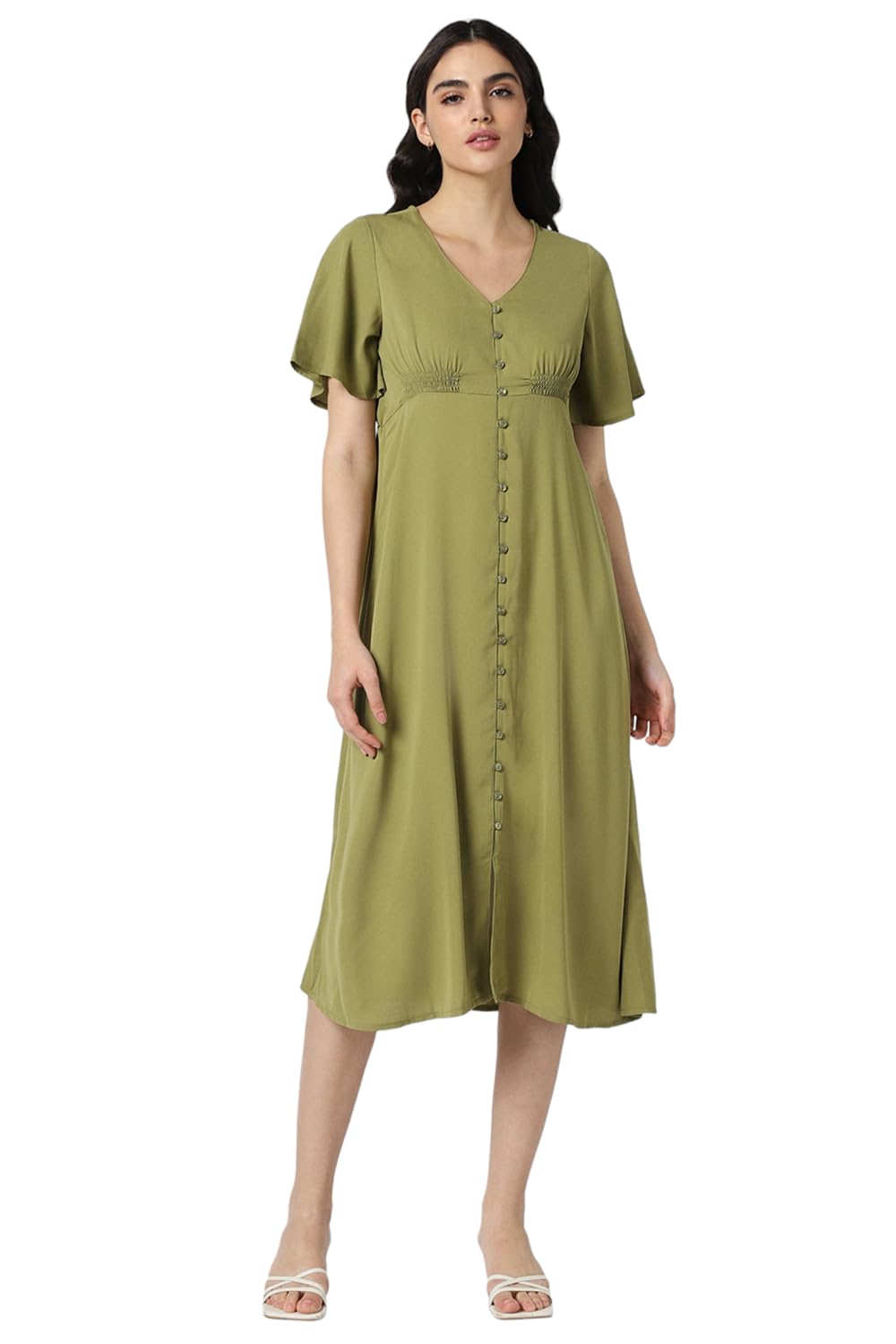 Van Heusen Women's Polyester Asymmetrical Calf Length Dress (VWDRFRGFF44319_Olive