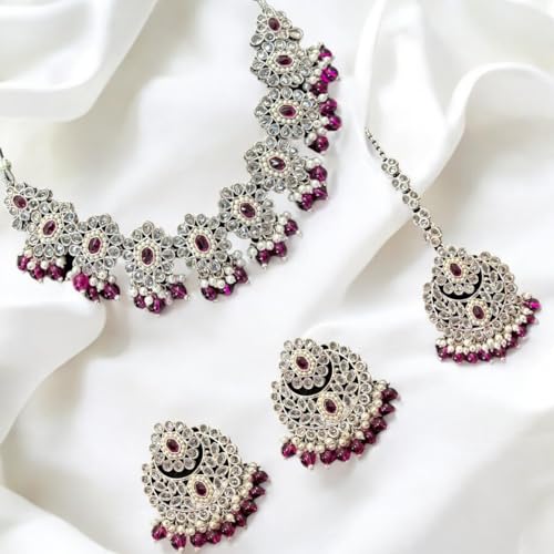 ACCESSHER Pink Silver-Tone AD Stone Studded Necklace With Earring Jewellery Set with a Pair of Transparent Flexible Earring Strand & Maangtikka Supporter | For Women & Girls