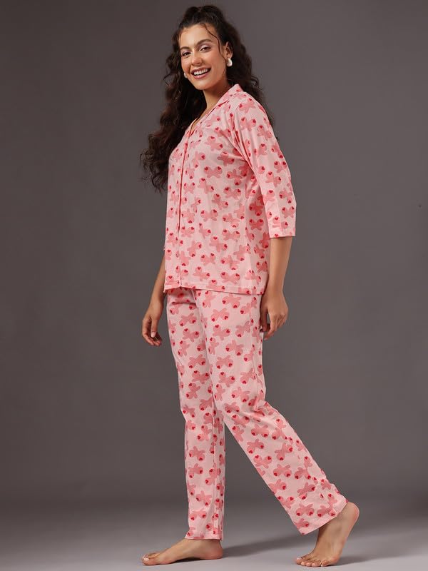 Clovia Women's Cotton Printed Button-Down Shirt & Pyjama Set (LS5585G34_Peach_L)