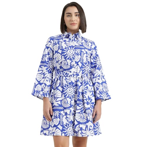 United Colors of Benetton Regular Fit Spread Collar Printed Dress (Size : 2XL) - 26P4WVNDR318I901 Blue