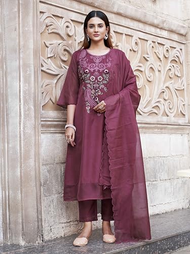 Womanista Women's Organza Kurta with Trouser & Dupatta (Kurtaset_1437_Rose_2XL)