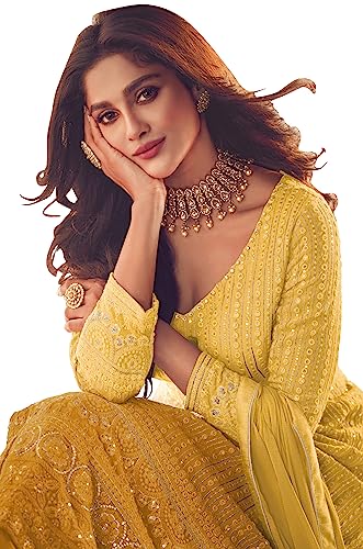 RUDRAPRAYAG Anarkali Georgette and Santoon Maxi Gown for Women | Semi-Stitched Long Anarkali Gown | Gown in Clothing & Accessories (Mustard)