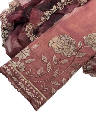 JDAK Women's Fendi Silk Embroidered Unstitched Suit Set with Designer Organza Dupatta | Festive Dress Material (Dusty Rose Pink)