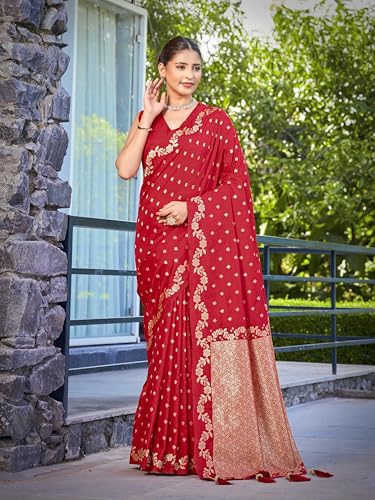 MANOHARI Women's Most Trendy Banarasi Satin Silk Woven Red Saree With Heavy Jacquard Work Saree With Blouse Piece_MN2063