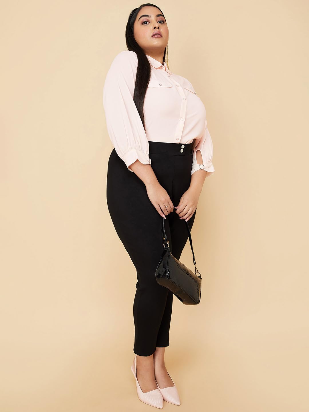 Max Women Plus Size Solid Shirt with Cuff Buckle Detail (SFT3101P_Blush)