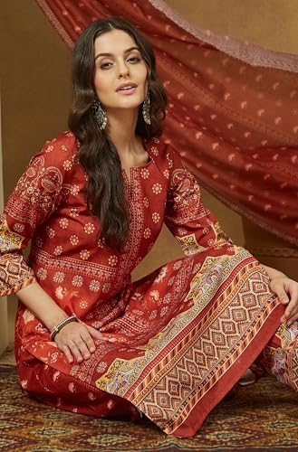 Janasya Women's Rust Orange Cotton Blend Floral Printed Pakistani Straight Kurta Set (JAC25ST02970-XL)