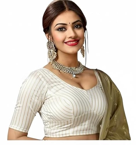 PU Fashion Stylish Latest Katori Design Golden Foil Printed Blouse Stretchable Readymade Saree Blouses for Women Trendy Blouse Special for Festival White Size 34" -, Half Sleeve