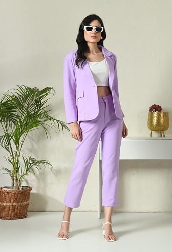 OFFICE PURPLE Women's Cotton Blend Solid Blazer & Pant Set with Camisole | Formal 3-Piece Set (Lavender, XL)