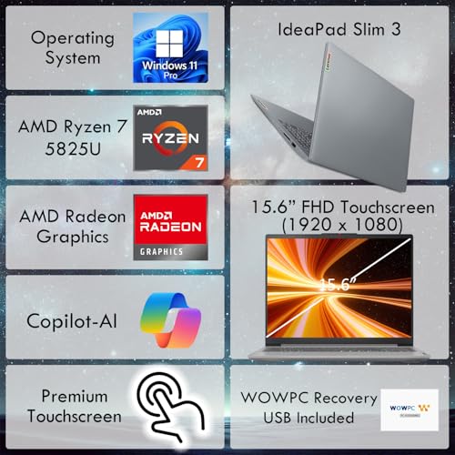 Lenovo Slim 3 Touchscreen Business Laptop, Ryzen 7 5825U Processor (Beats i7-1355U), 15.6" FHD LED Display, 16GB RAM, 1TB PCIe SSD, SD Card Reader, WiFi 6, Windows 11 Pro, WOWPC Recovery USB