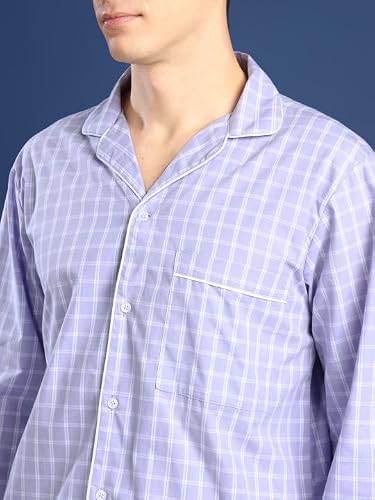 Hancock Men Cotton Checked Night Suit Lavender Size S