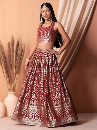 Zeel Clothing Women Sequins Thread Embroidered Georgette Semi-Stitched Lehenga Choli With Dupatta (5116-Maroon-Wedding-Stylish-Latest; Free Size)