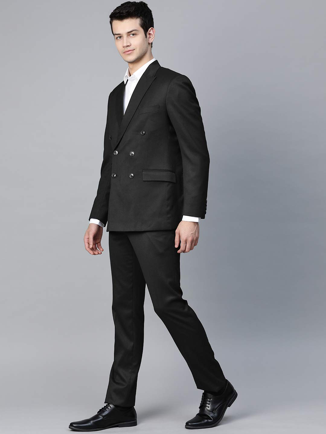 MANQ Men Black Solid Slim Fit Double Breasted Suit (Size: 36)