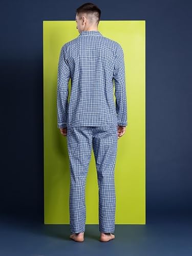 Hancock Men Cotton Checked Night Suit Blue Size S