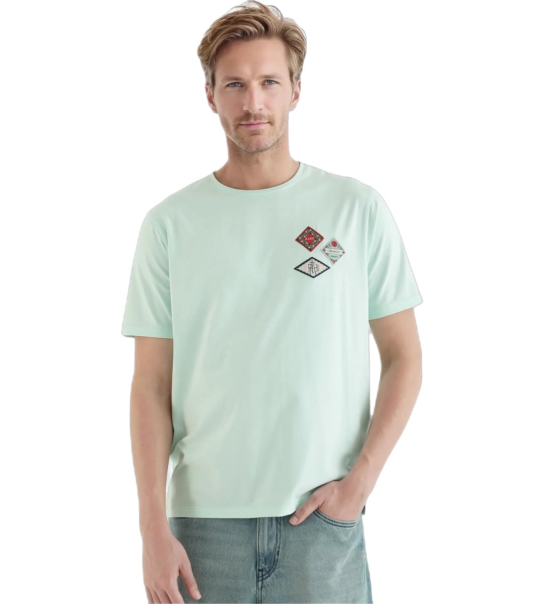 Rare Rabbit Men's Dorl Light Blue Cotton Graphic Print Regular Fit Half Sleeve Crew Neck T-Shirt