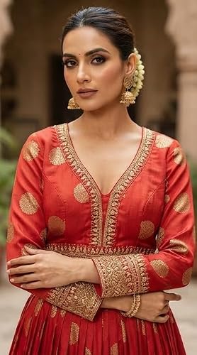 Vaishali Ethnic Women's Red Printed Anarkali Dress with Embroidered Border