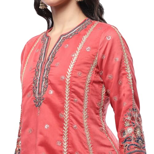 BIBA Women's Coral Polyester Kalidar Suit Set (SKDRUSTICBUTA9460SS24CRL
