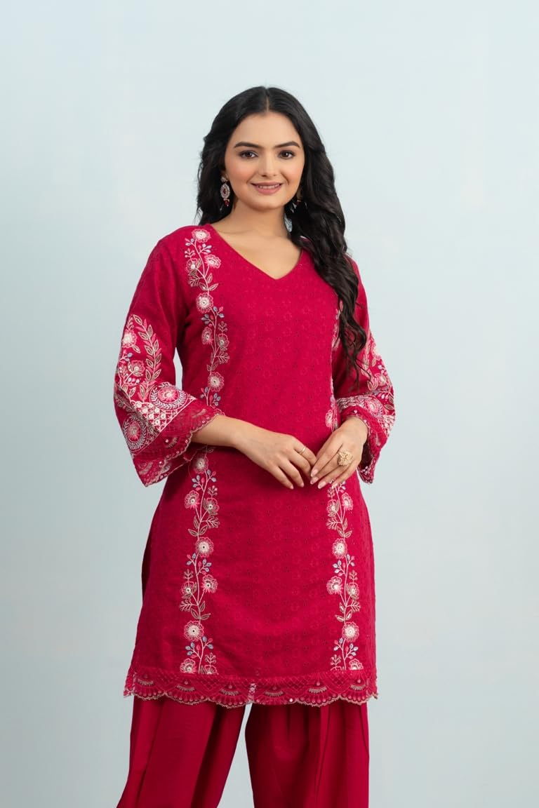 VARAMYA Red Embroidered Patiala Punjabi Suit for Women with Stunning Traditional Design Comfortable Fabric Includes Stylish Kurta Patiala Salwar and Matching Dupatta Perfect for Festival_M