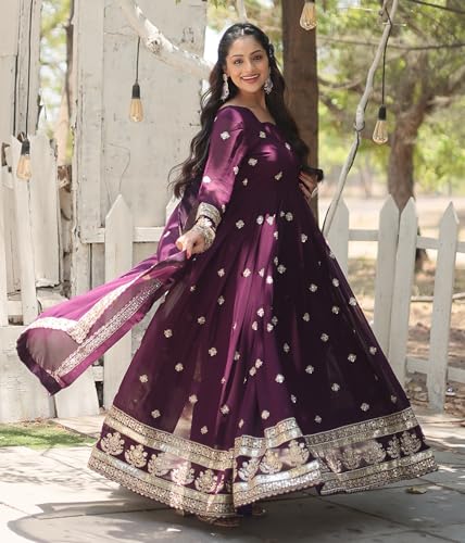 Fashion Basket Women's Red Georgette Anarkali Kurta Set with Duptta for Women (Purple, XL)