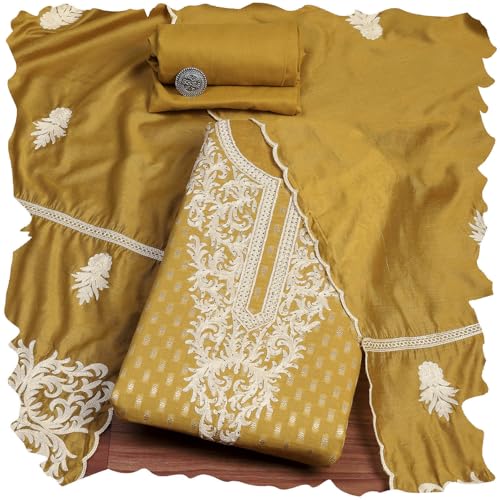 Biba Women Yellow Cotton Blend Thread Embroidered Unstitched Suit Set_FREE SIZE